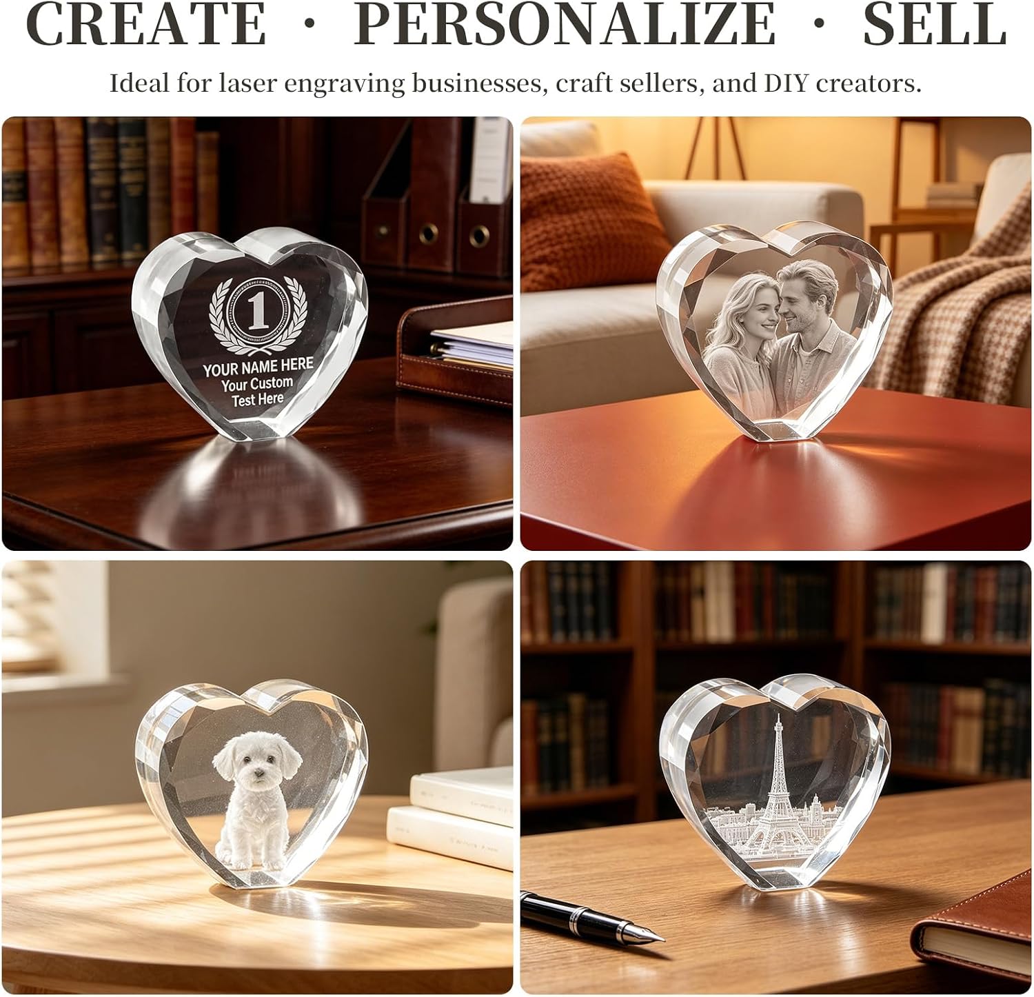 Cube Crystal Blanks for 3D Photo Lazer Engraving, 2pcs Heart Glass Blocks
