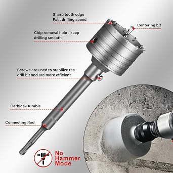 SALI Concrete Hole Saw Kits 2-3/4(70mm) Tungsten Steel Wall Hole Cutter Drill Bit Sets with 220mm SDS Plus Shank Connecting Rod,110mm Center Positioning Drill Bits for Cinder Block,Brick,Adobe Wall