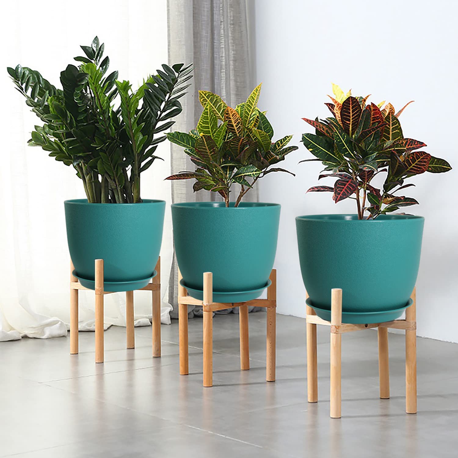 WOUSIWER Set di 3 vasi decorativi moderni in plastica con fori di drenaggio e sottovaso, per piante da appartamento, piante da interno, blu