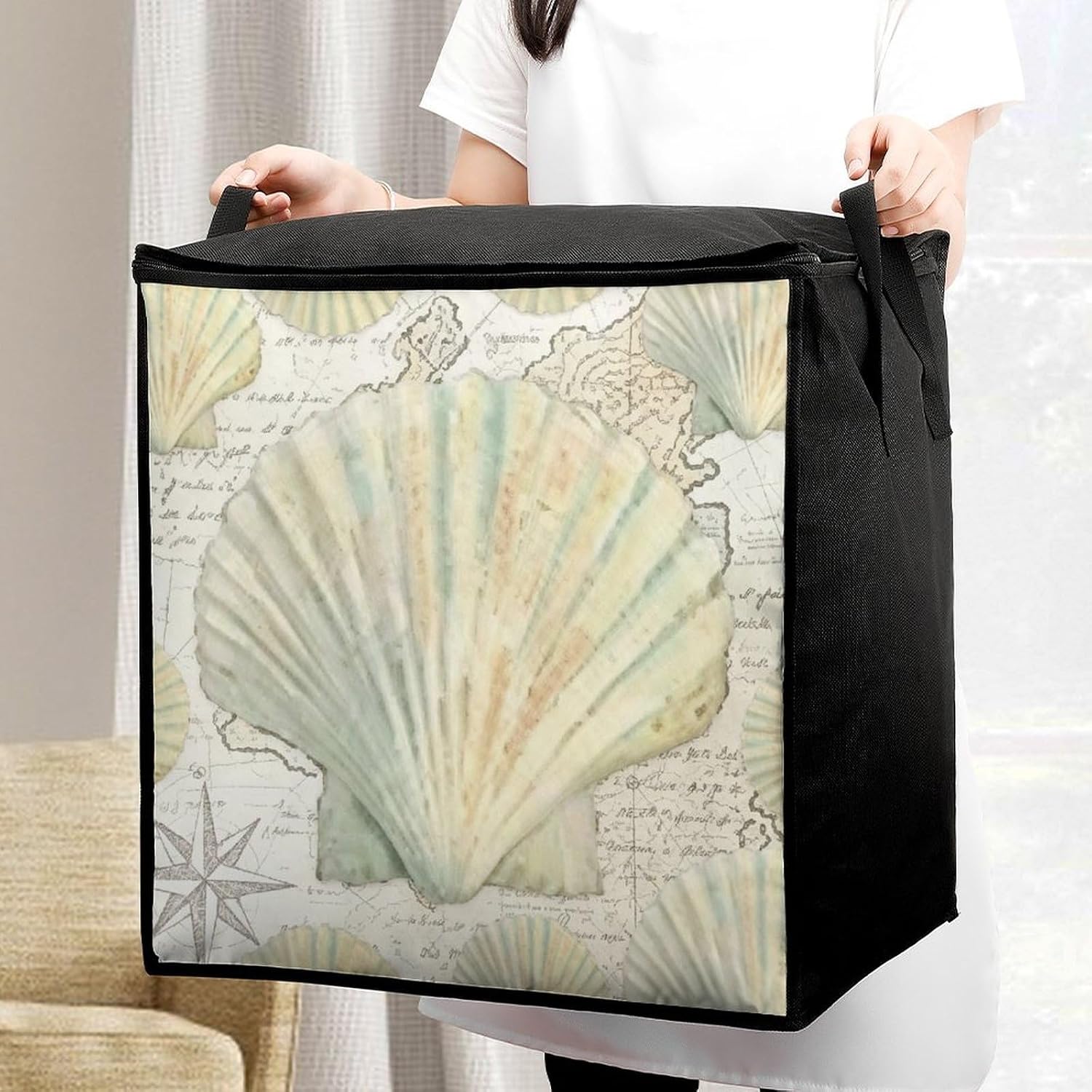 Seashells Comforter Storage Bag Moving Bag | Clothes Storage Bins-70L,Moving Bag With Dual Handles For Easy Carrying, Zipper Design Durability for Home,Bedroom,Closet