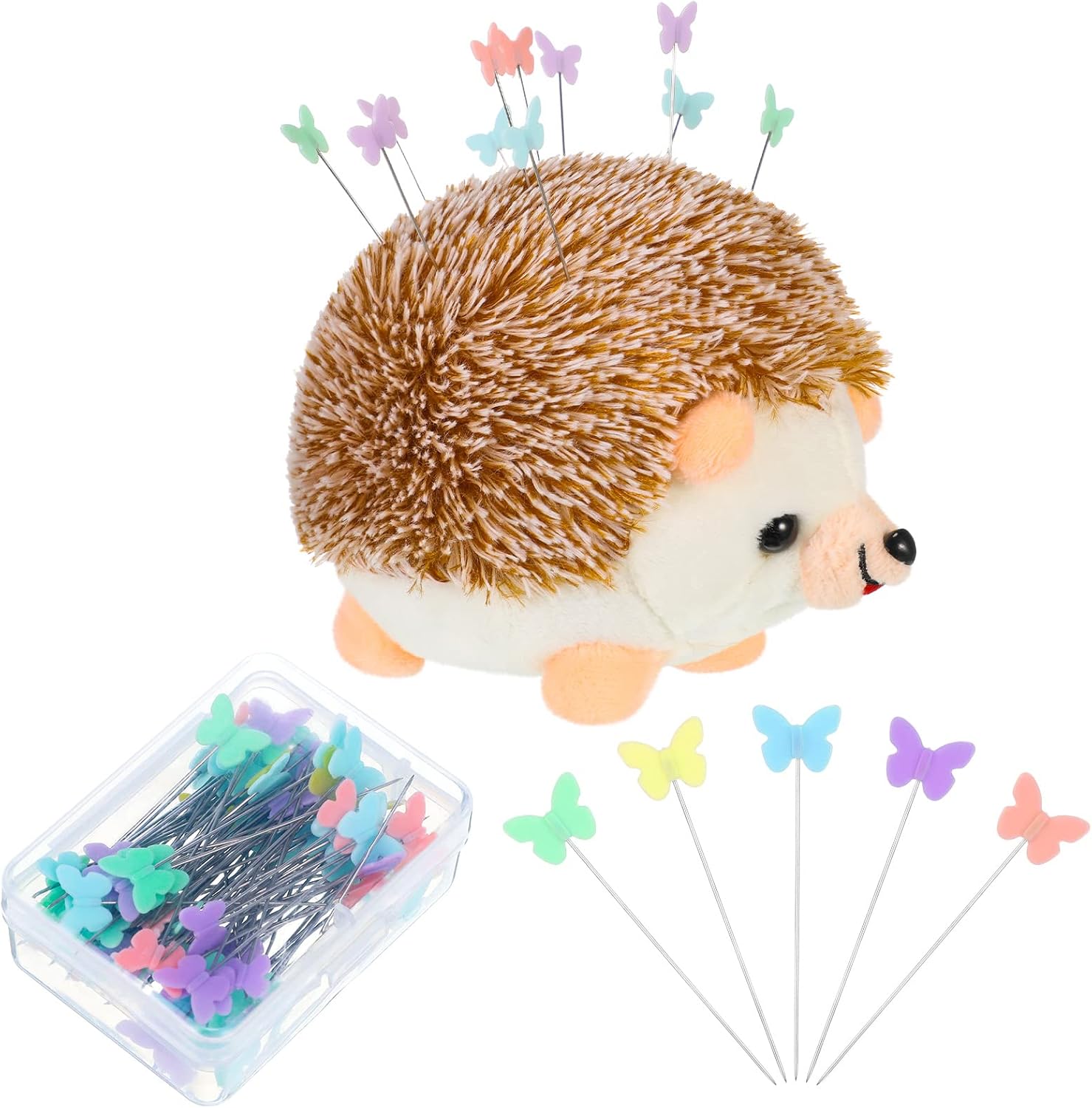 Dingion 101 Pcs Hedgehog Shape Pin Cushion Pincushions Sewing Set 1 Animal Pin Cushion 50 Butterfly Straight Pins Needle Cushions Holder Hedgehog Pincushion for Sewing Jewelry DIY Crafts Patchwork