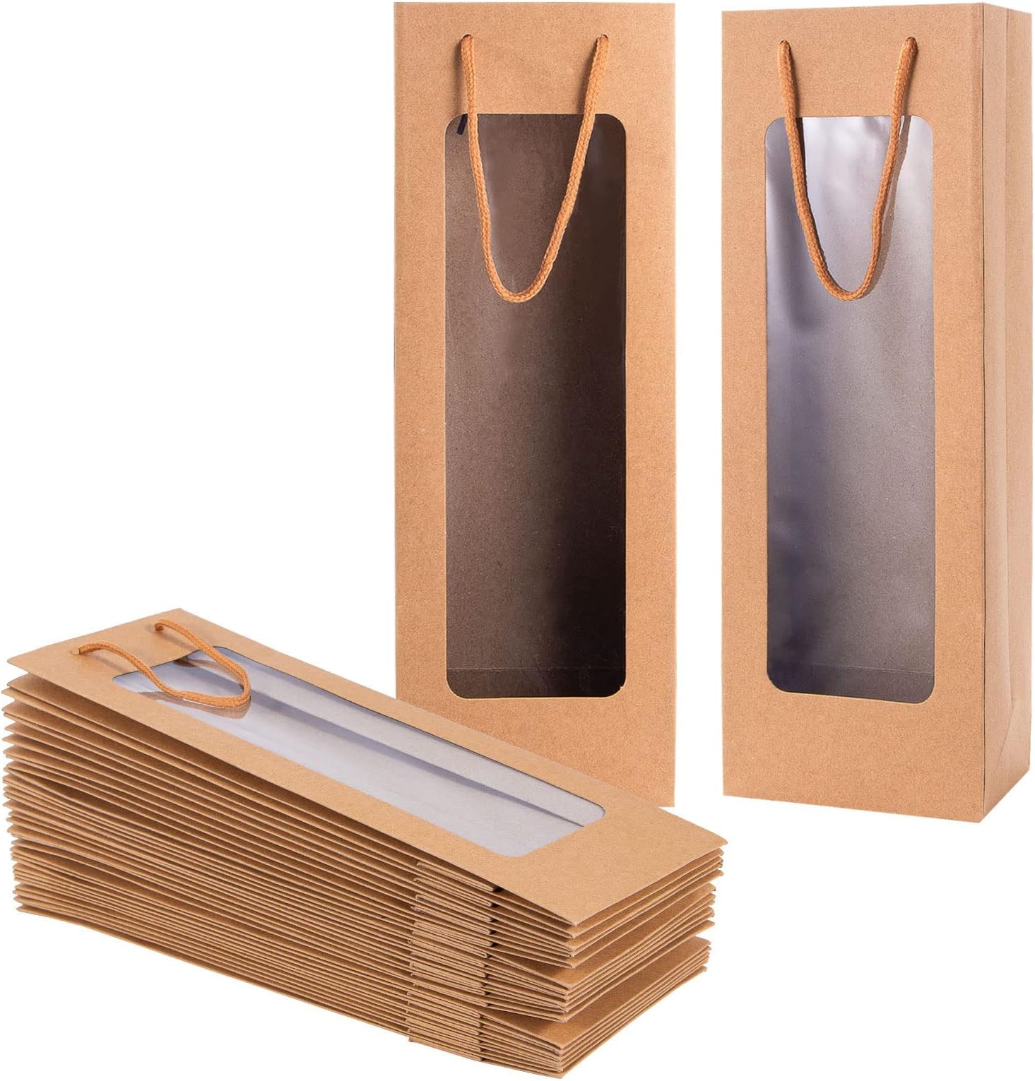 MAKINGTEC Gift Bag with Window, 4.13"x3.35"x 14.2" Tall Paper Bags for Bottle, Brown Gift Bag for New Year Anniversary Birthday Housewarming Dinner Party Business Function (20 Pack)