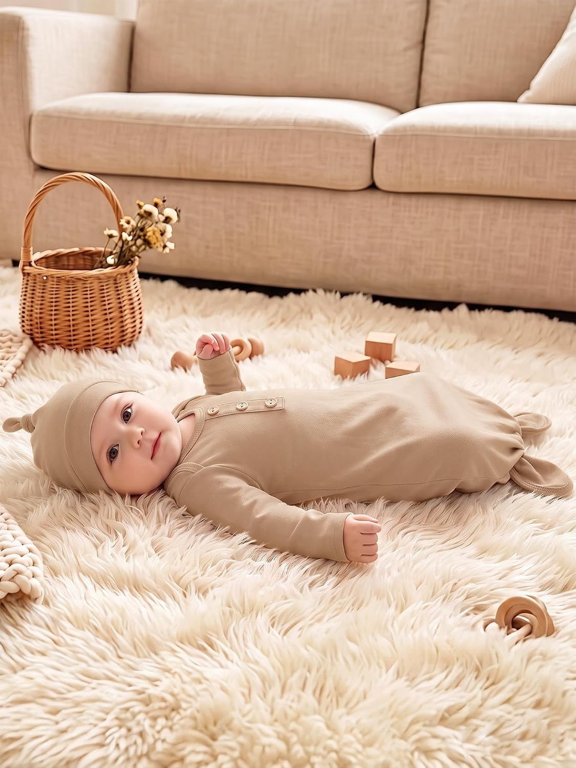 AMAWMW 2 Pack Newborn Baby Girl Boy Sleeper Gown Knotted Nightgown with Hat Pajamas Set Infant Gifts Stuff Essential Outfit image 3
