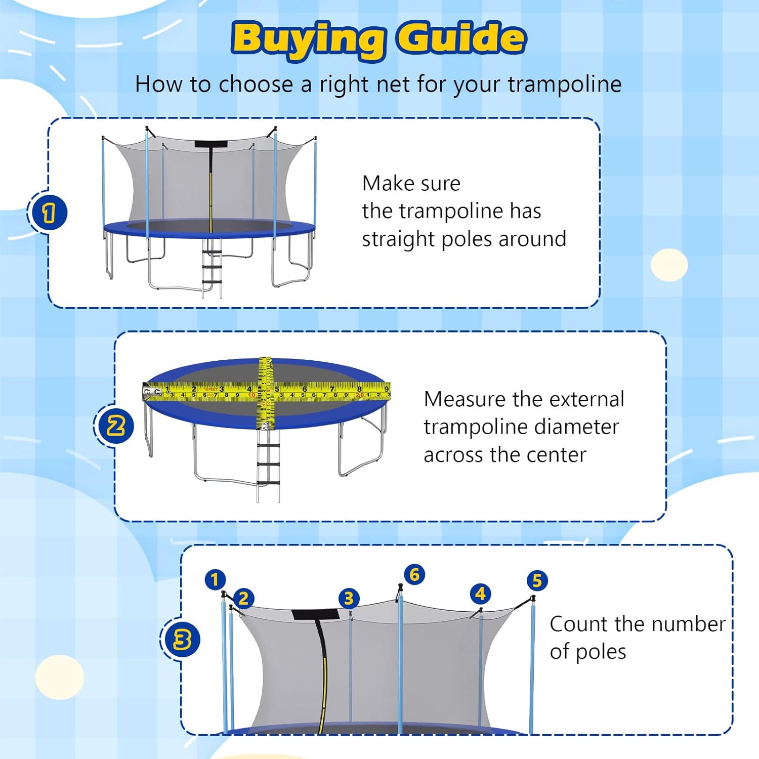 GYMAX Trampoline Net, Trampoline Enclosure for 8 10 12 14 15 16Ft Round Trampoline with Double-Headed Zippers & Buckles, Weather-Resistant Sun-Protective Trampoline Replacement Net