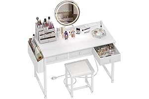 White Vanity Desk with Mirror Lights and 4 Drawers, Dressing Table Set