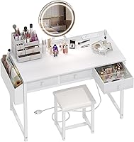 Lufeiya 40 Inch White Makeup Vanity Desk with LED Mirror Lights, Fabric Drawers, Power Outlet & Cushioned Chair Set for Bedroom