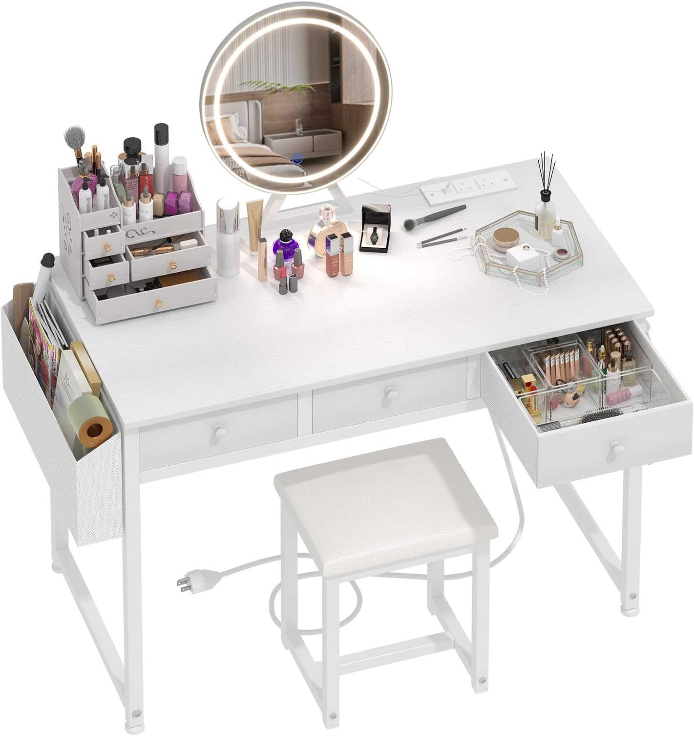 Lufeiya White Makeup Vanity Desk with Mirror and Lights, 40 inch Make Up Vanity Desks with Drawers & Power Outlet, Dressing Table and Chair Set for Girls Bedroom, White