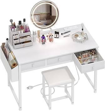 Lufeiya White Makeup Vanity Desk with Mirror and Lights, 40 inch Make Up Vanity Desks with Drawers & Power Outlet, Dressing Table and Chair Set for Girls Bedroom, White
