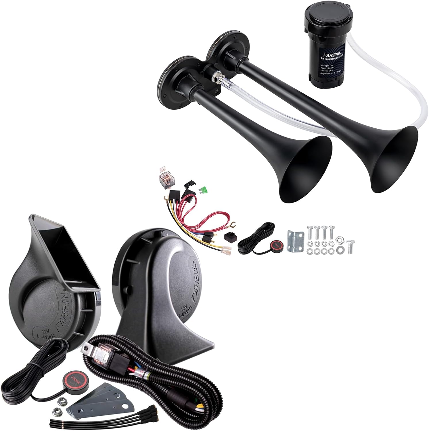 FARBIN Loud Train Horn for Car 12V with compressor and button with Air Horn Kit with relay harness