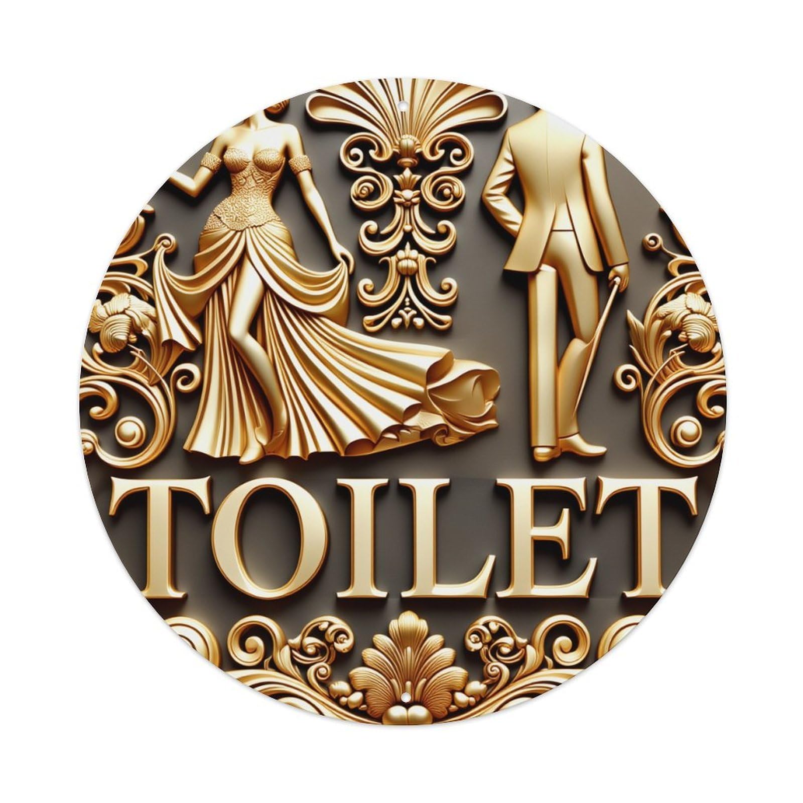 Golden Ornate Figures Toilet Sign Round Tin Sign Vintage Metal Poster, Home Bar Garage Man Cave Cafe Indoor & Outdoor Wall Decoration 8x8Inches
