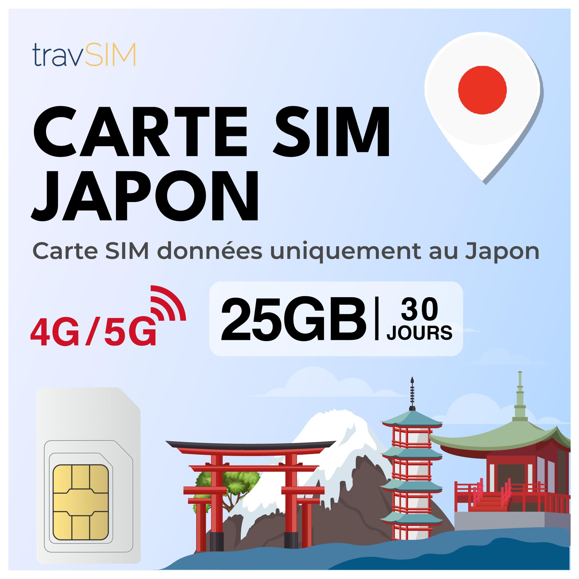 Carte SIM travSIM Données Uniquement Japon | 30 Jours – 25 Go 5G/4G | Carte SIM Japonaise pour Rester connecté | Accès à Instagram, Whatsapp, Google et Plus Encore