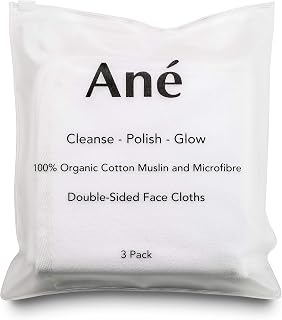 Ané 3 Double Sided Organic Cotton Muslin and Microfibre Cleansing and Exfoliating Flannel Face Cloth for Cleansing, Makeup Remover and Gentle Face Exfoliation