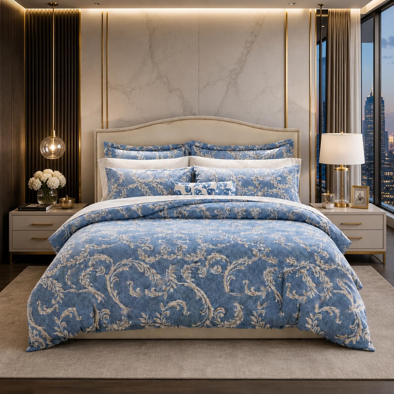 Set Copripiumino Matrimoniale HOME Collezione D’Autore – 4 Pezzi, Copripiumino 220x230 cm, Lenzuolo con Angoli 160x200+35 cm, 2 Federe 50x80 – Microfibra Ultra Soft (Damascato Cielo)