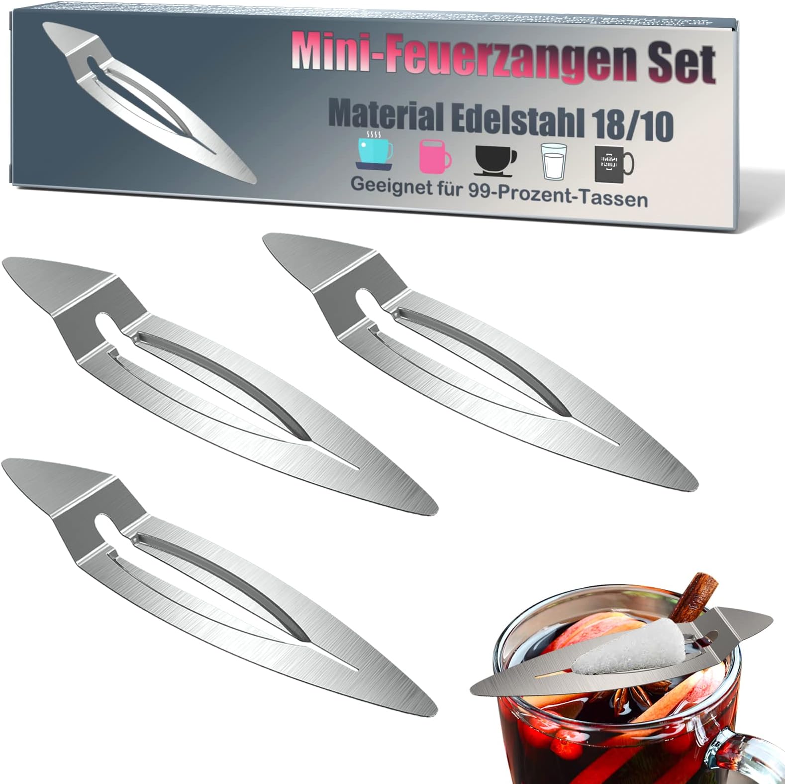 Fox·Bunny Mini Feuerzangenbowle Set, 3 Mini Sugar Tongs for Feuerzangenbowle, 18/10 Stainless Steel, Silver, 3.5 x 14.5 cm