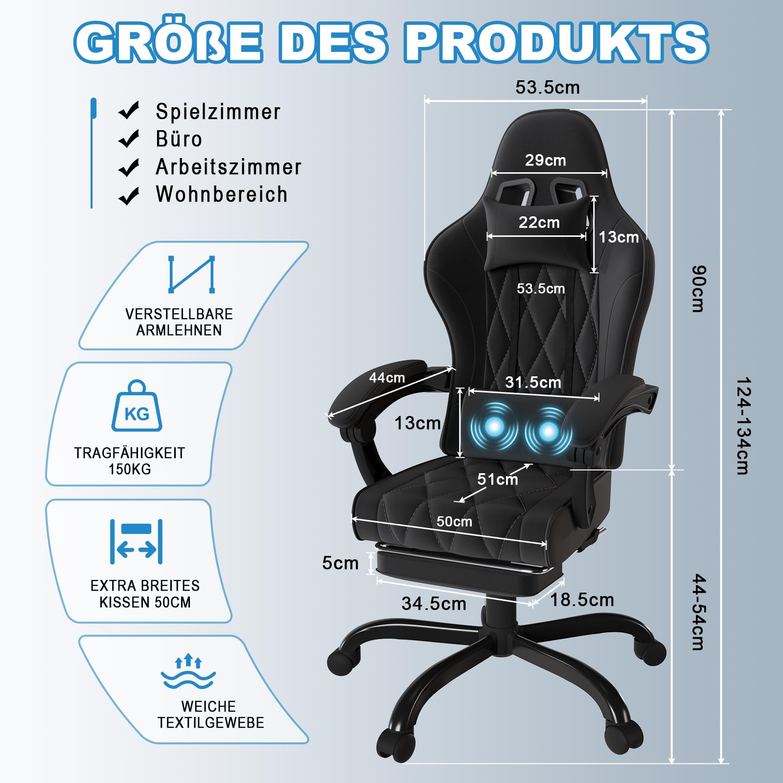 JUMMICO Gaming Stuhl Stoff mit Federpolsterung, Ergonomischer Bürostuhl mit Massager. Gaming Chair mit Kopfstütze, Fußstütze, Höhenverstellbar. Gamer Stuhl 150 kg belastbarkeit, Schwarz