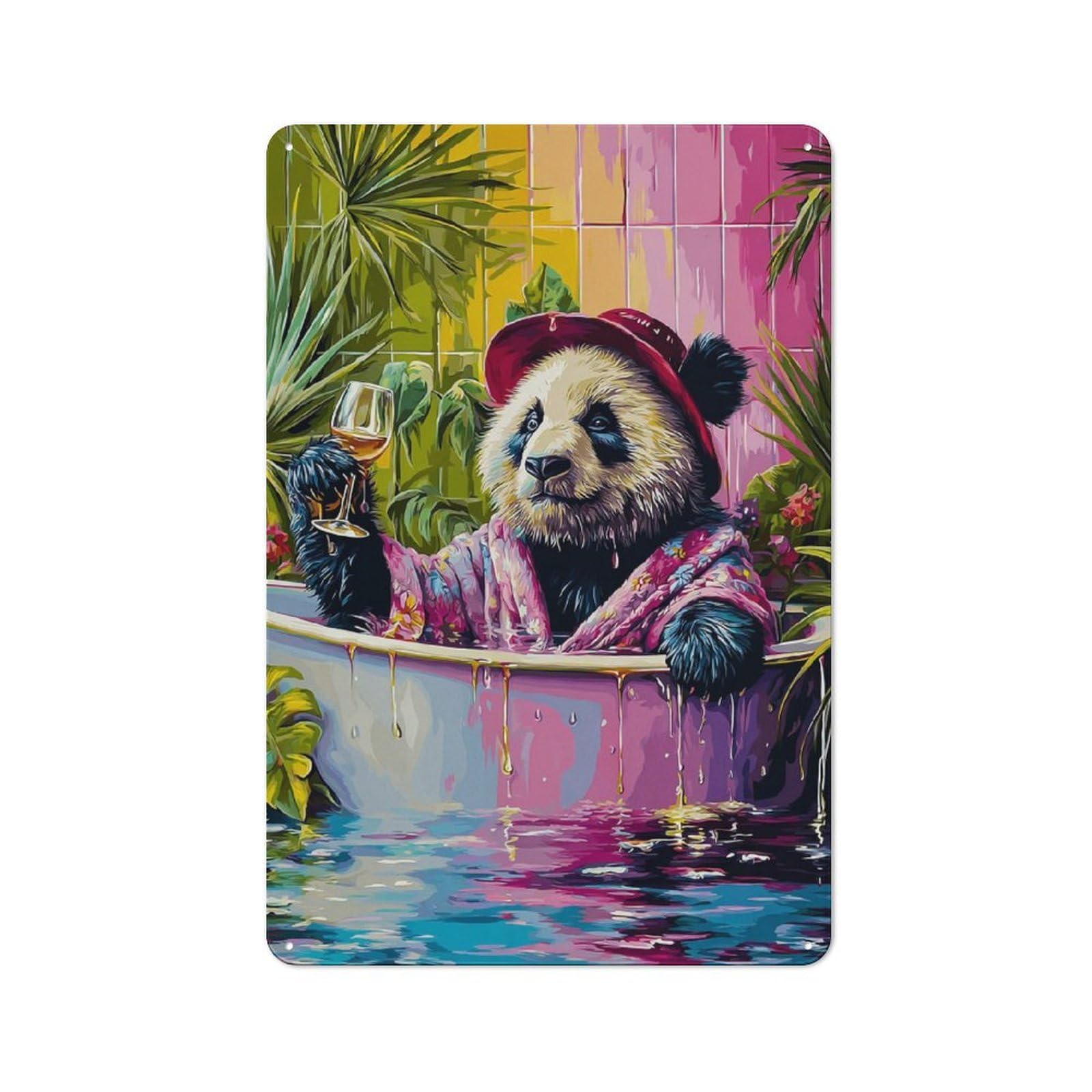 Junmoney Panda Relaxing With Wine In Bathtub Tin Wall Plaque 30X20cm With For Home Bar Wall, For Hosts Who Enjoy Retro Interiors
