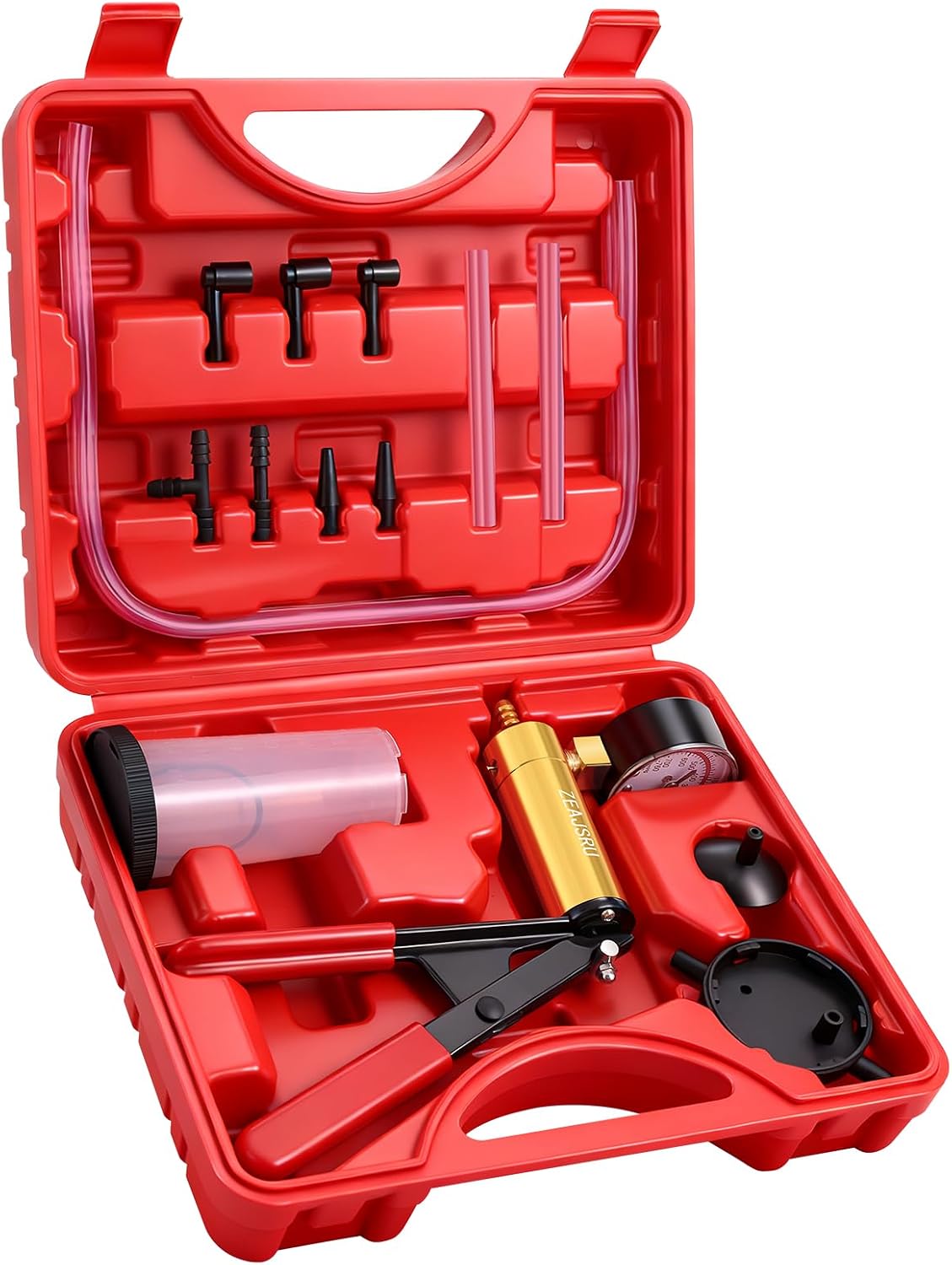 ZEAJSRU Handheld Vacuum Pump Brake Bleeder Kit with Gauge - One-Person Brake Bleeding Tool for Cars, Motorcycles, ATVs (Red)