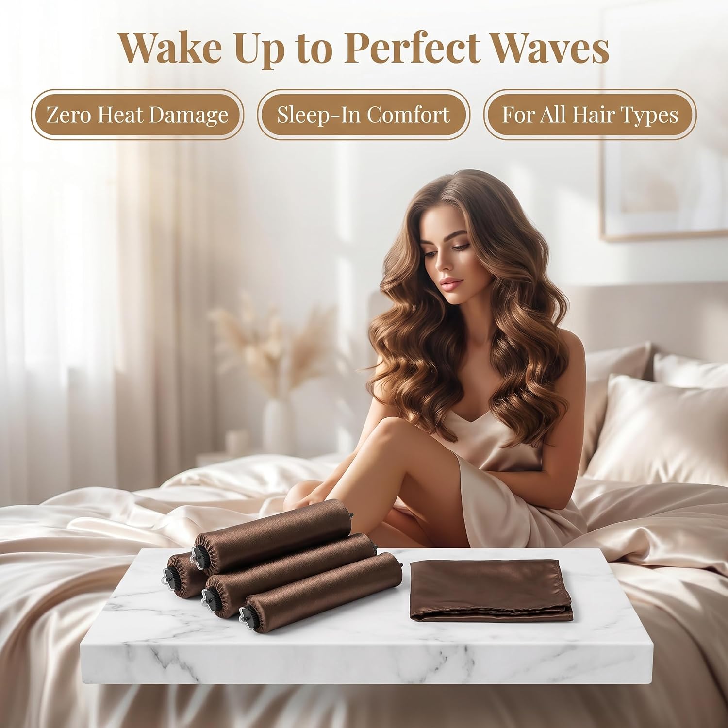 Heatless Curls Overnight Set, Overnight Blowout Rods, 4Pcs Jumbo Satin Hair Rollers to Sleep In, No-Heat Flexi Rods for Long Thick Hair, Soft No Damage Curling Rods for All Hair Types (Brown)