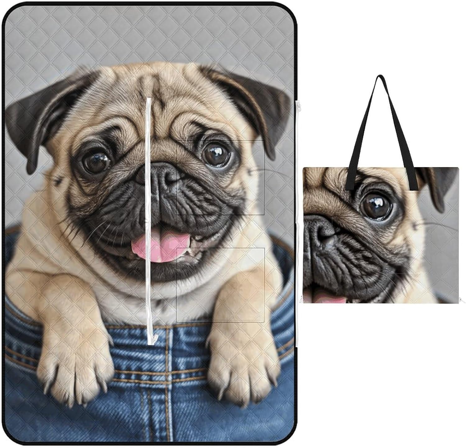 Cute Pug Dog Picnic Blanket 150x100cm, Foldable 2-in-1 Picnic Mat and Tote Bag Portable Waterproof Beach Mat Sandproof Outdoor Blanket for Park, Hiking, Beach, Camping, Travel