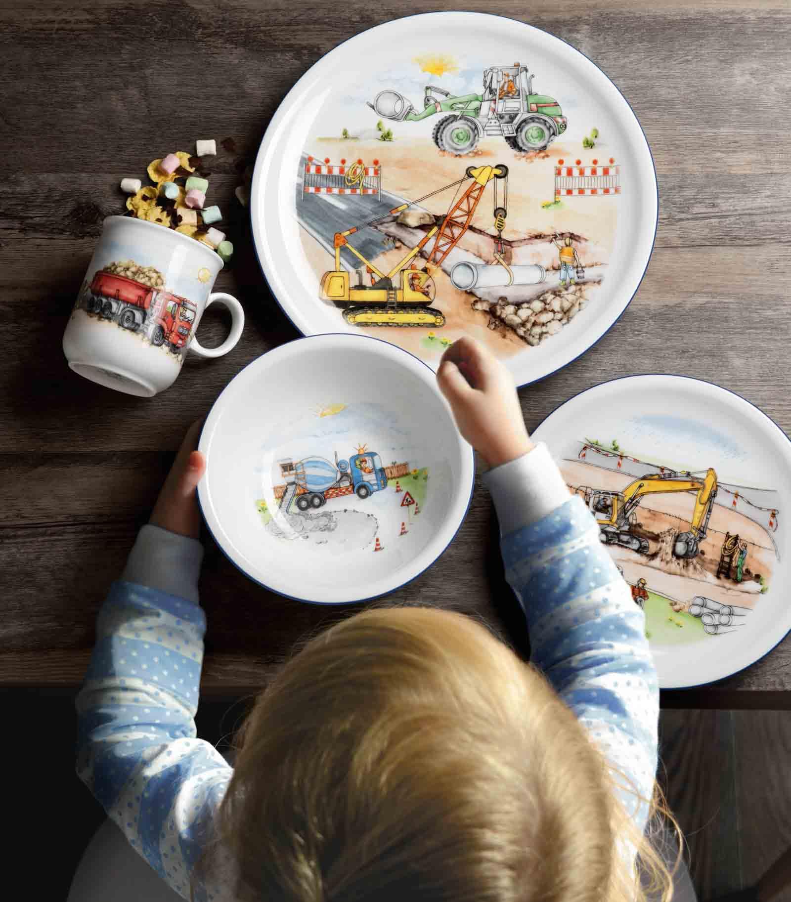 Seltmann Weiden Service de table compact pour enfant 5 pièces, ensemble d'assiettes, bol et gobelet pour enfants, service pour enfants avec motifs colorés, porcelaine, sur le chantier