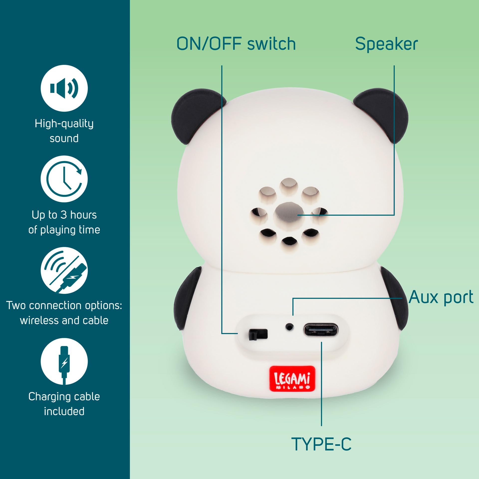 LEGAMI - Kabelloser Lautsprecher mit Halterung, The Sound of Cuteness, Panda-Design, Wiederaufladbar, Type-C-Kabel Inklusive, Als Handyhalterung Verwendbar, 6 x 8 x 5 cm