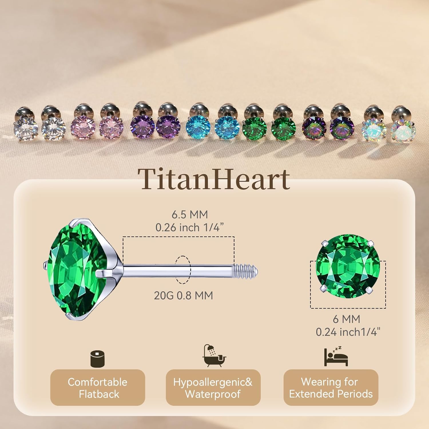 G23 Titanium CZ Stud Earrings, Hypoallergenic F136 Implant Grade Titanium Screw Back Simulated Diamond Earrings for Sensitive Ears, 6mm 5A Cubic Zirconia Stud Earrings for Women - Image 6