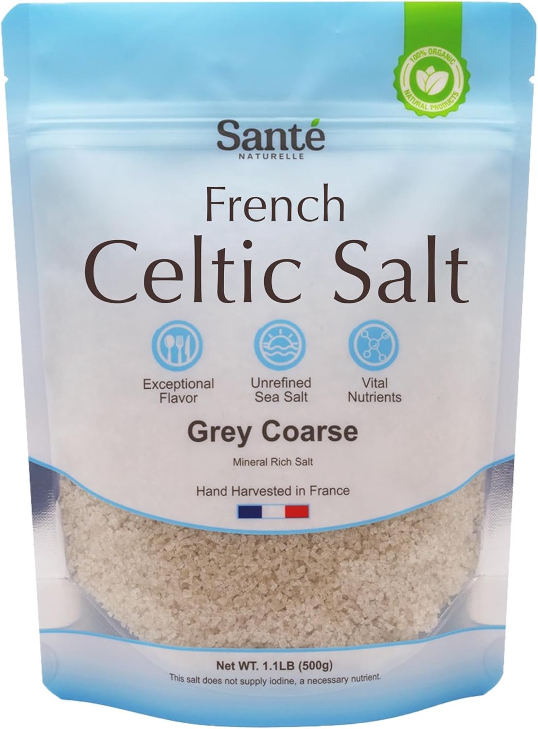 Sante Naturelle Celtic Salt Grey Coarse - 1.1lb (18oz) Unrefined French Sea Salt Organic, Rich in 82+ Minerals Salt, Hand Harvested Sal Celtica