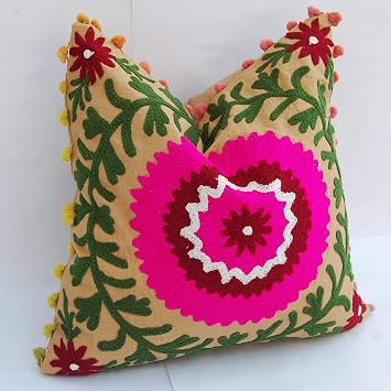 Traditional Jaipur Boho Throw Suzani Pillow, Embroidered Cushion Cover 16"x16", Decorative Throw Pillow Case, Indian Pom Pom Outdoor Cushions, Boho Pillow Shams