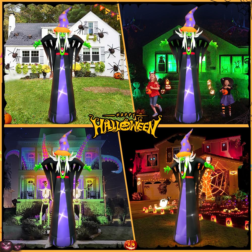 10FT Halloween Inflatables Scary Witch Hat with Hat Decoration with Led Light Light up Outdoor Decorations Blow up Inflatables for Halloween Holiday Party Lawn Yard Garden Décor
