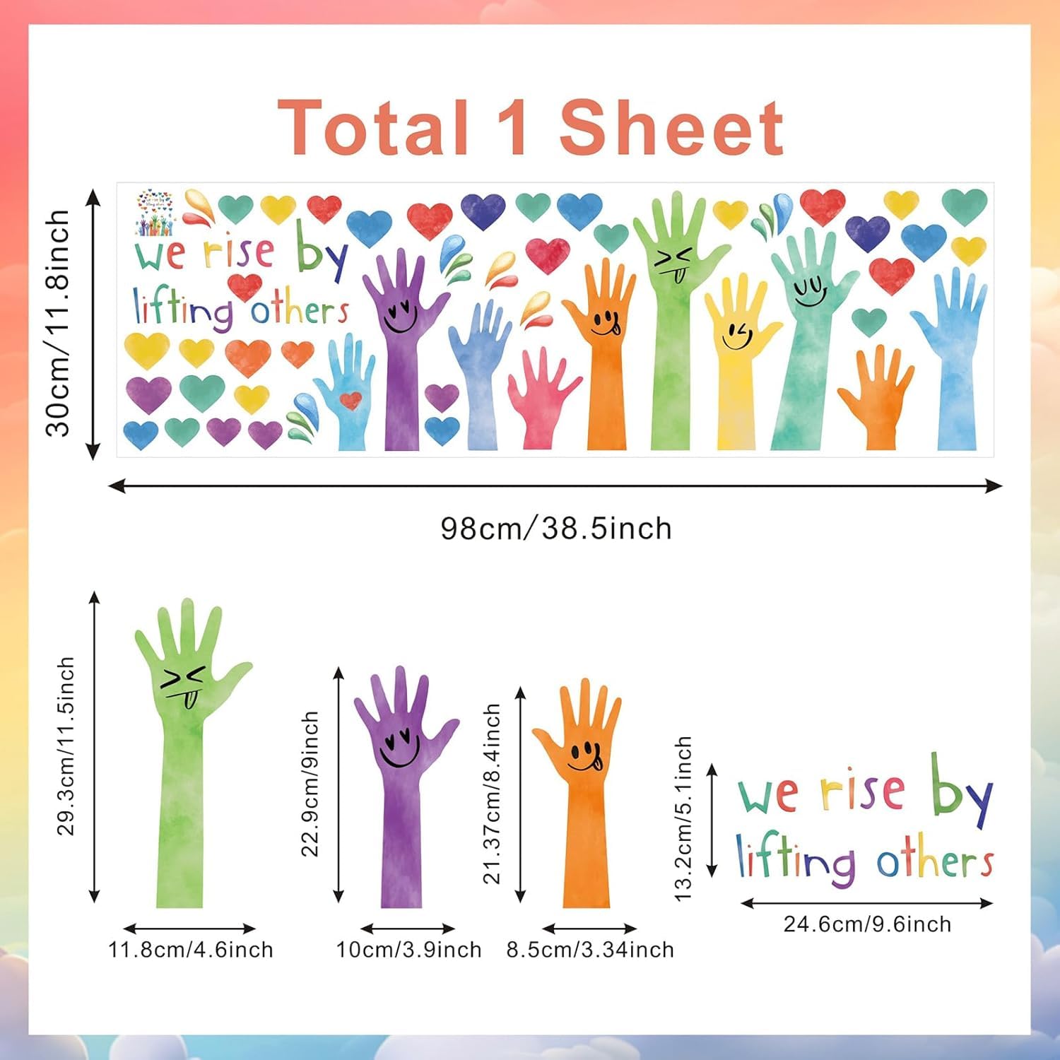 TOARTi Inspirational Wall Stickers,We Rise by Lifting Others Wall Decals,Heart Window Clings,Handprint Wincow Decal,Colorful Hands Stickers for Murals Glass School Classroom Nursery Kids Room Bedroom - Image 4