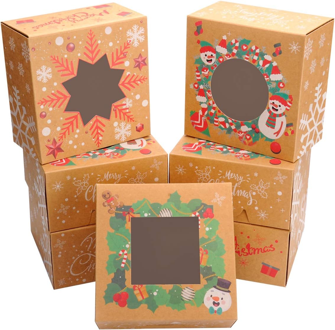 24 PACK Christmas Bakery Boxes with Window Cookie Boxes for Gift Giving 6x6x3 inch by NPLUX (Brown)