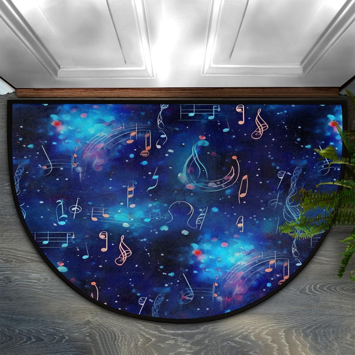 Half Round Door Mat Blue Galaxy Musical Note Non-Slip Soft Semi Circle Rug Washable Half Moon Welcome Entrance Doormat for Outdoor Indoor Floor Indoor Bedroom Bathroom Home Kitchen Decor