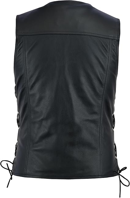 Gilet In Pelle Motociclista Uomo - Gilet Vintage Con Lacci Laterali Nero