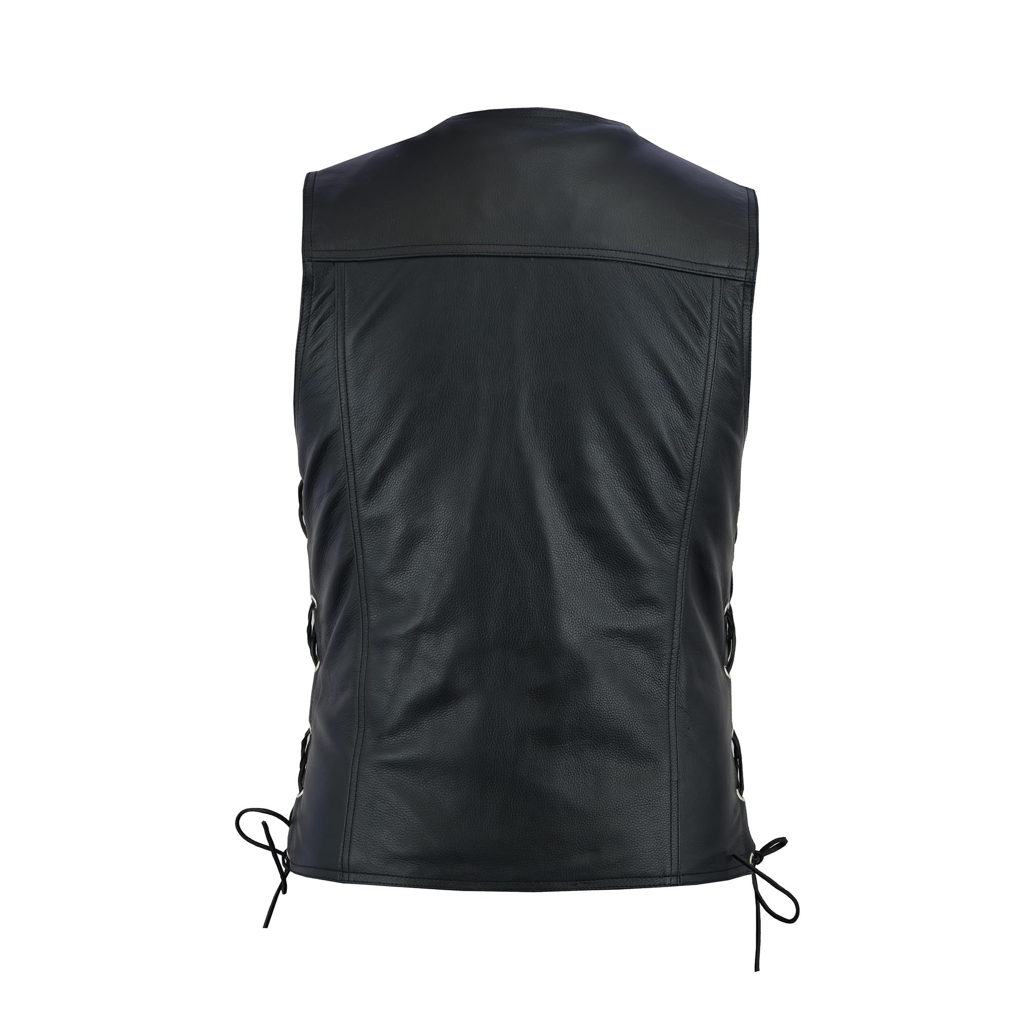 Leatherick Gilet da motociclista unisex, in vera pelle, con lacci laterali e bottoni cromati, stile denim