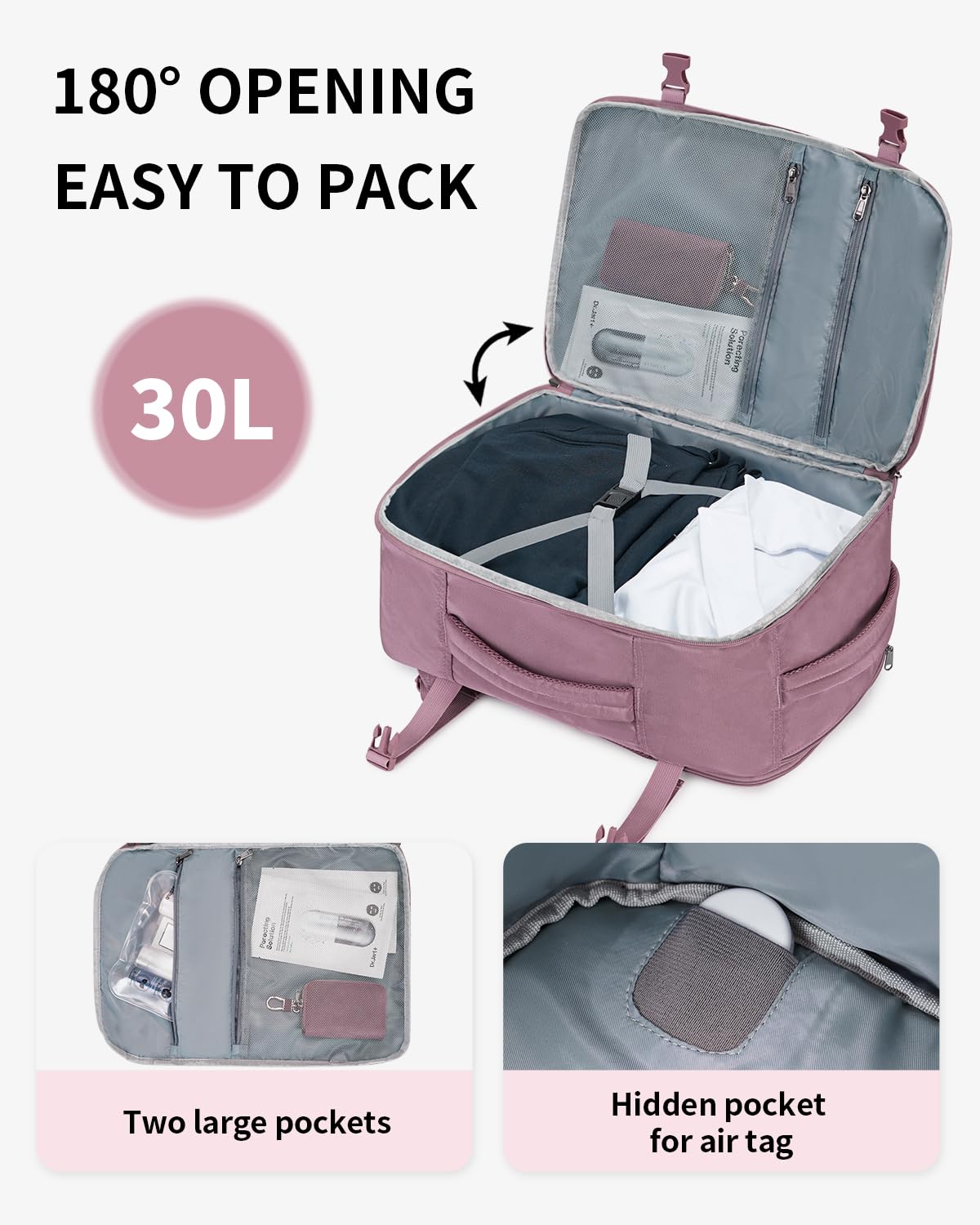 ECOHUB Zaino Bagaglio a Mano Easyjet 45x36x20 Zaino Valigia Viaggio Aereo Sotto il Sedile 13 Tache Zaino da Cabina Porta USB Grande Impermeabile Ecologica in PET Riciclato da 30 Litri(Rosa)