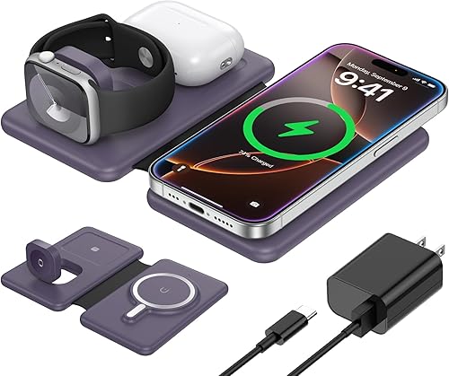 Cargador inalámbrico para iPhone - Estación de carga 3 en 1 para dispositivos Apple, almohadilla de carga magnética de viaje para iPhone 15, 14, 13,
