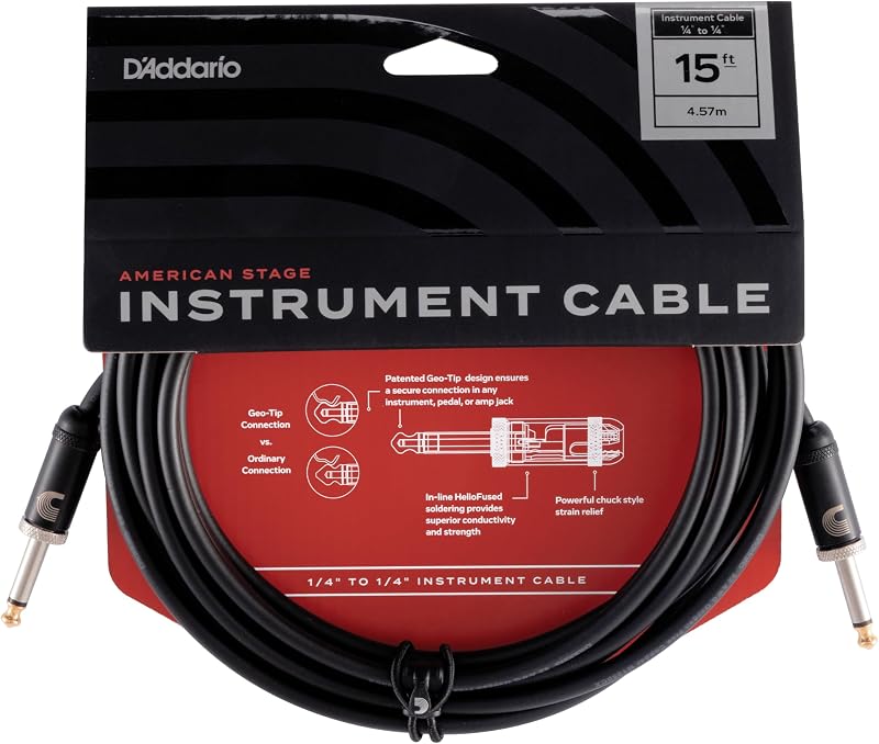 Guitar Cable - American Stage - Made in the USA - Geo Tip for Secure Connection - 1/4 Inch Male to 1/4 Inch Male - 15 Feet - Straight Ends - 1 Pack