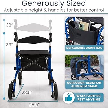 Vive Walker Wheelchair Combo - Rollator Transport Chair for Seniors