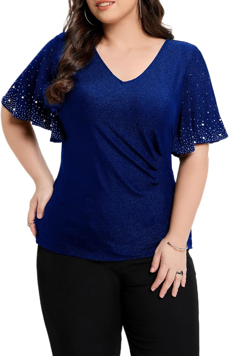 Ever-Pretty Plus Women's Short Sleeves Beading V Neck Glitter High Stretch Plus Size Summer Dressy Shirt Formal Top Blouses