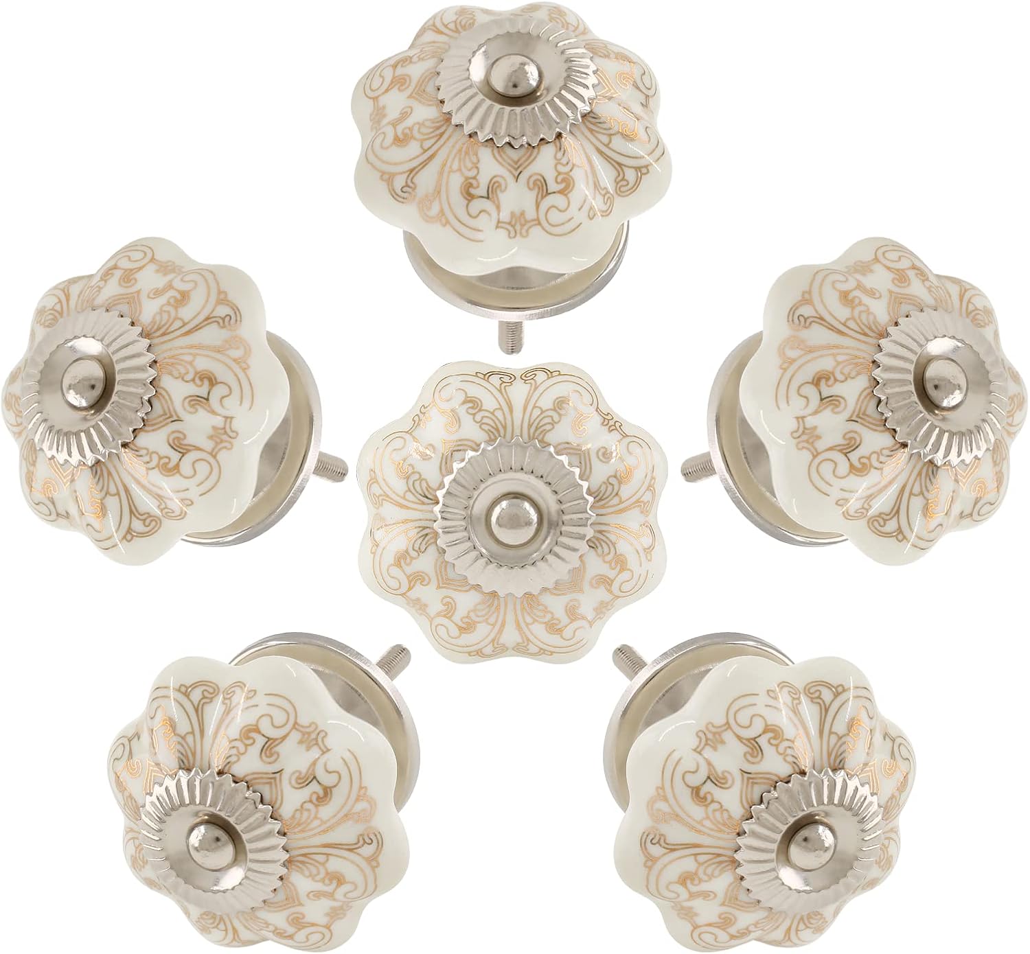Piutouyar 6PCS Ceramic Cabinet Knobs,Gold and White Roll Hand Painted Cupboard Cabinet Door Knobs Drawer Pulls Dresser Handles with Mounting Screws，Gilt Flower