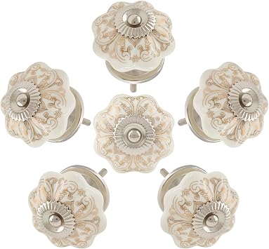 Piutouyar 6 Ceramic Cabinet Knobs, Gold and White Roll Hand Painted Knobs