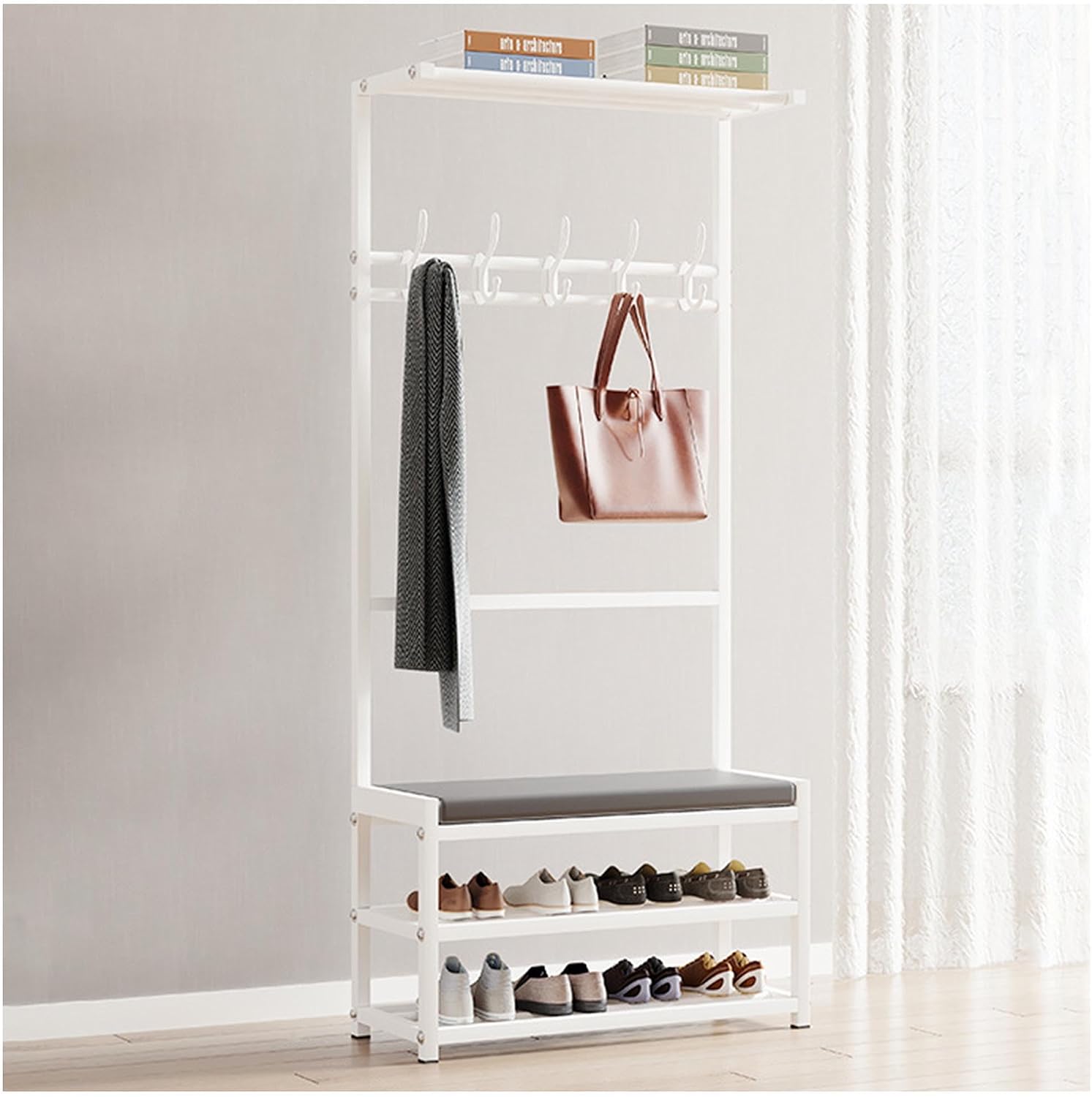 4-in-1 Metal Coat Rack & Shoe Storage Bench, Stylish Hall Tree for Entryway, Bedroom & Living Room, Perfect Hat & Coat Stand for Home Entrance Organization