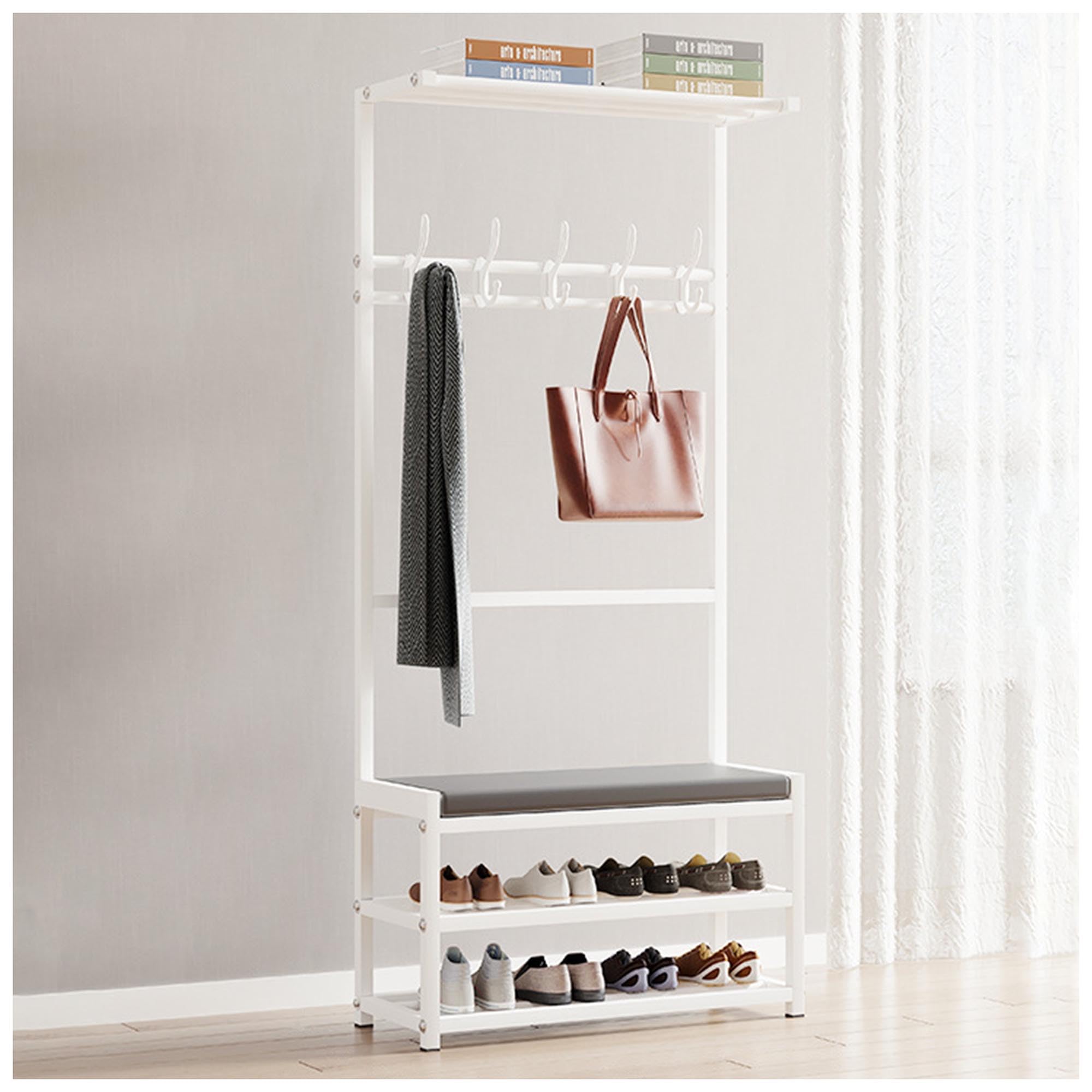 MYUYEE Entryway Bench With Coat Rack, 4-In-1 Hall Tree With Soft Cushion Storage Bench, Shoe And Coat Rack Freestanding, Multifunctional Home Orga(White-60X26X160Cm)