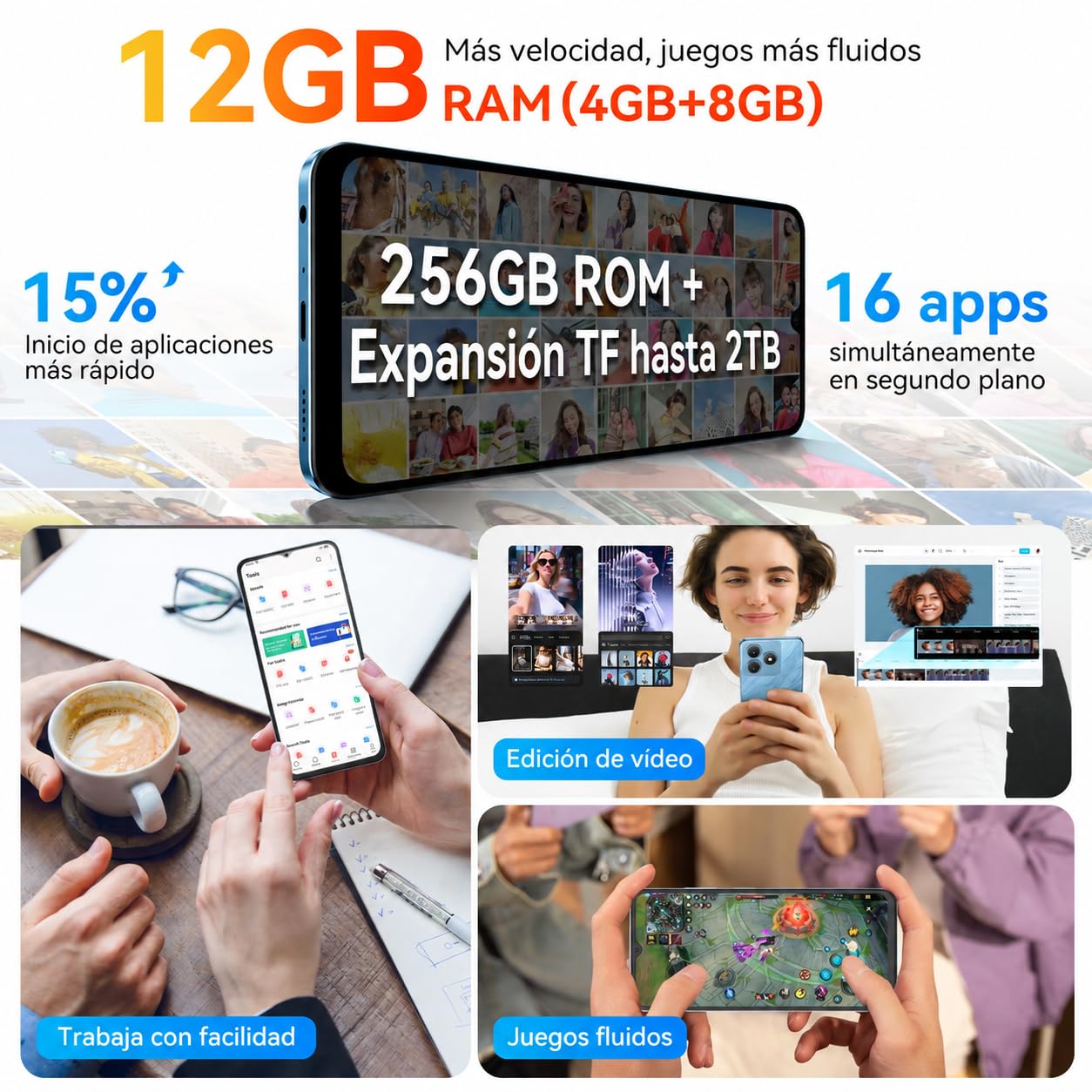 FLAT 2 Telefono Movil Android, 12GB+256GB/2TB, Dual SIM, 6,56" 90Hz, Negro
