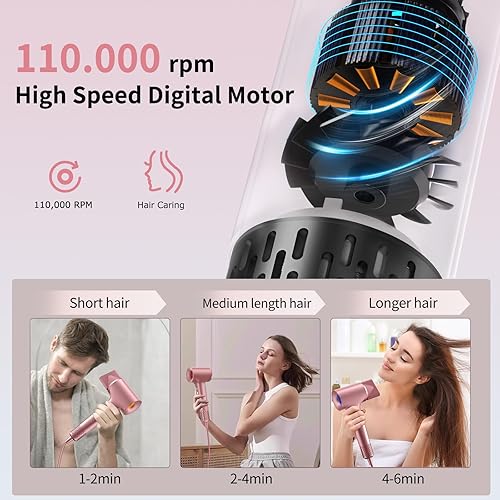 Miniatura 3 de Secador de pelo, secador de pelo iónico, secador de pelo de alta velocidad de 1500 W con motor sin escobillas de 110000 RPM para secado rápido de