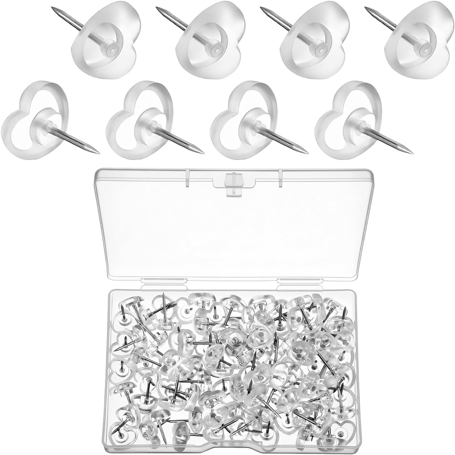 100 Pcs Clear Thumb Tacks Heart Push Pins Cute Decorative Heart Shaped Push Pins with Case for Cork Boar Bulletin Board Wall Home Office Posters Photos Postcards Maps Fixing Aesthetic Gifts