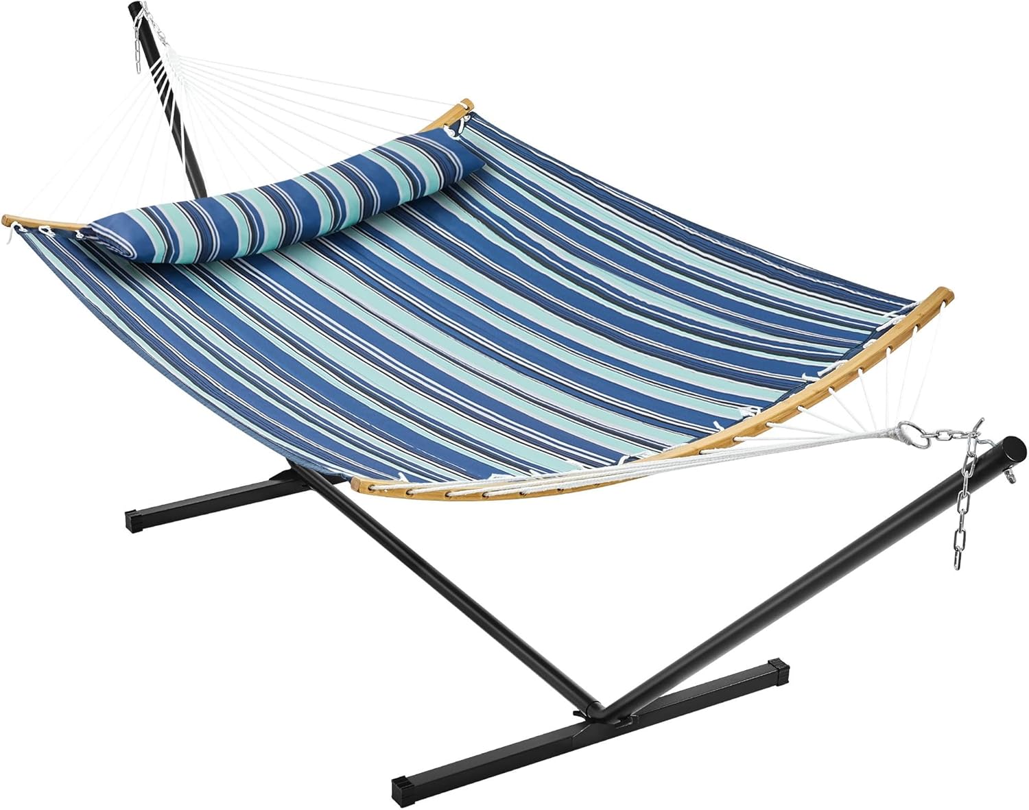 Yaheetech Hammock with Stand, Heavy-Duty Padded Hammock & Steel Stand Set w/Pillow & Carry Bag, Outdoor/Indoor Hammock with Stand Set for 2-3 People, 475Lb Capacity – Blue Stripe
