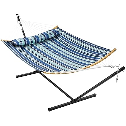 Yaheetech Hammock with Stand, Heavy-Duty Padded Hammock & Steel Stand Set w/Pillow & Carry Bag, Outdoor/Indoor Hammock with Stand Set for 2?3 People, 475Lb Capacity - Blue Stripe