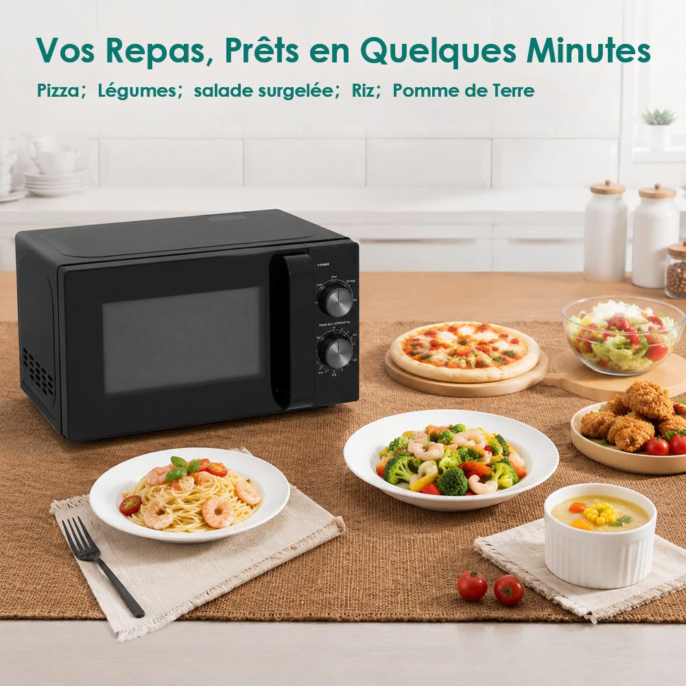 Micro-ondes 20L, Noir, Micro onde 700W, 5 Niveaux de Puissance, Chauffage Uniforme, Minuterie 35min, Compact Facile à Utiliser pour Décongélation et Chauffage Quotidien
