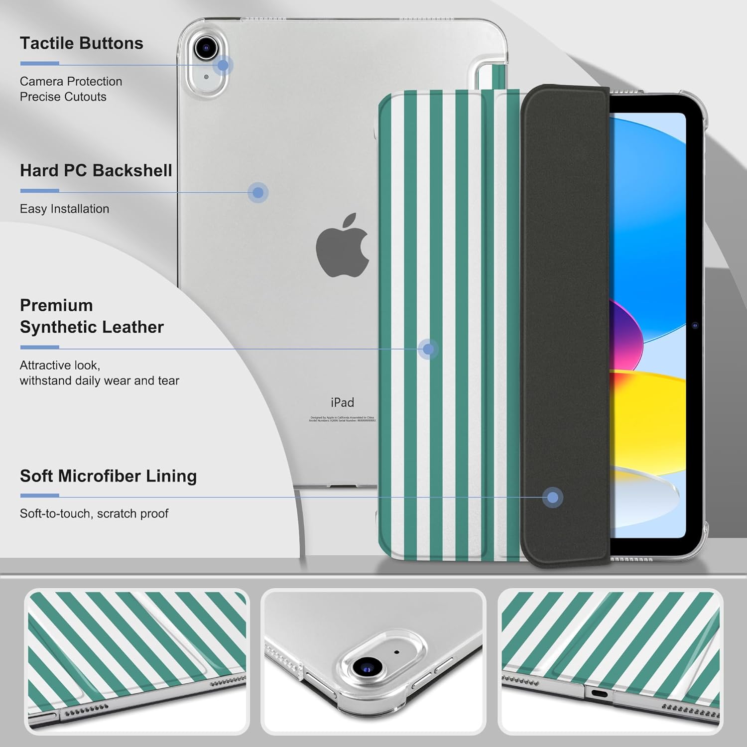 MEEgoodo for iPad A16 11th Generation Case 2025 11 inch, Tablet Cases for iPad 10th Generation 2022, Tablet Cover with Silk Texture & PC Clear Back Cover, Green Stripes